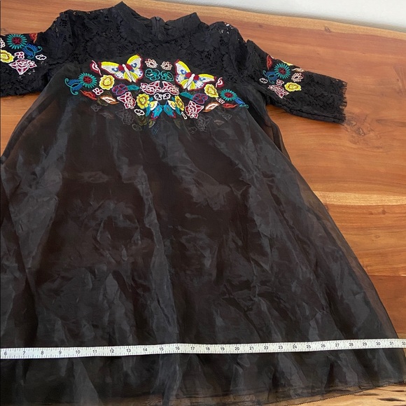 Beautiful black organza overlay babydoll sheer dress embroidered lace butterfly - Picture 16 of 16